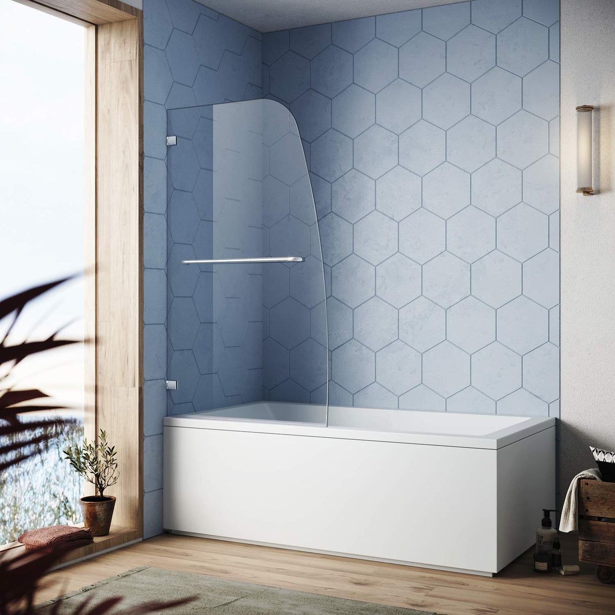 SUNNY SHOWER 34 in. W x 58 in. H Frameless Chrome Finish Bathtub Hinged Door