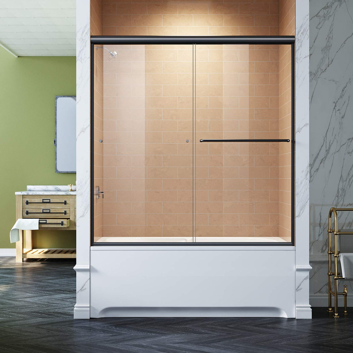 ELEGANT Bathtub Double Sliding Door 60 in. W x 58 in. H Black Finish