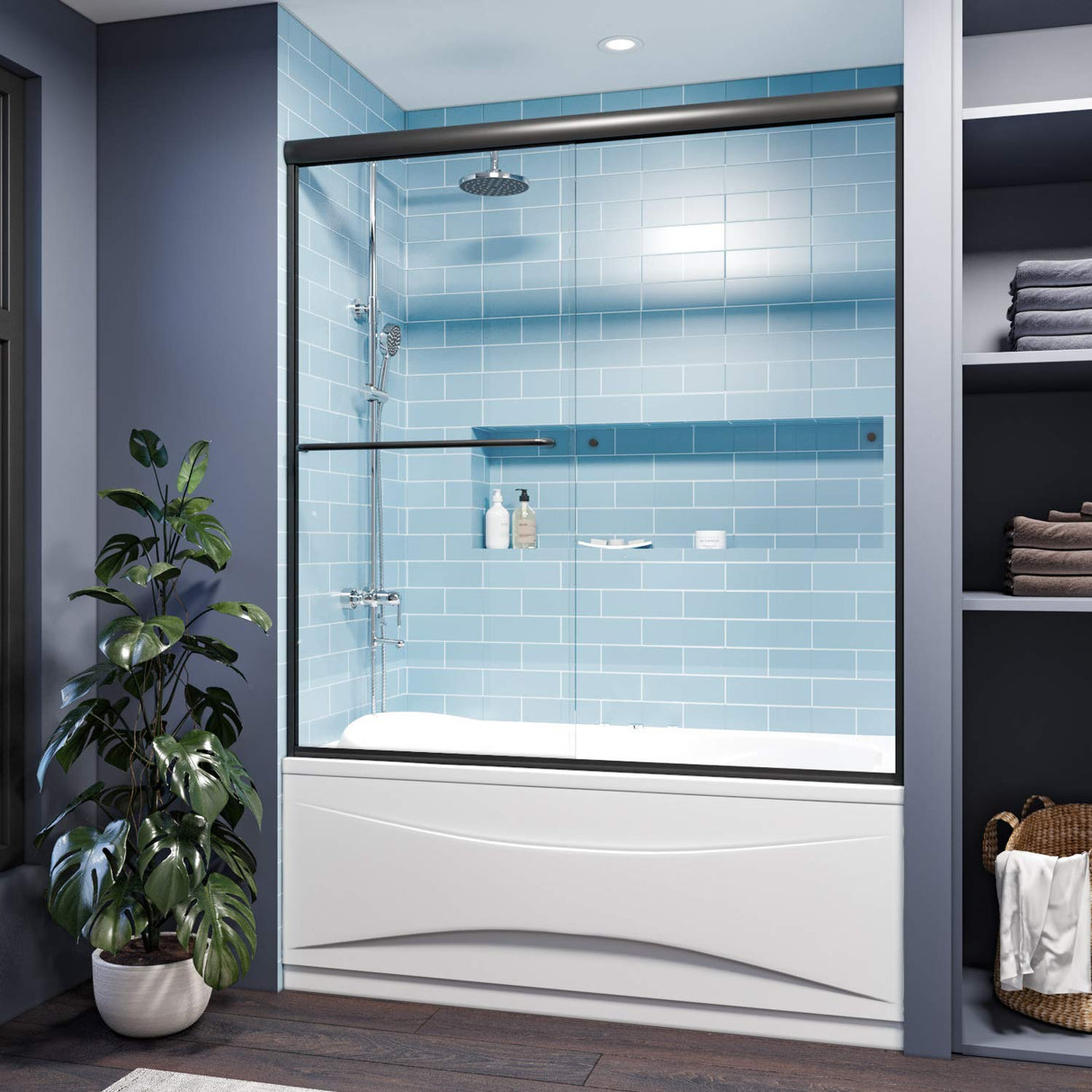 ELEGANT Bathtub Double Sliding Door 60 in. W x 58 in. H Black Finish