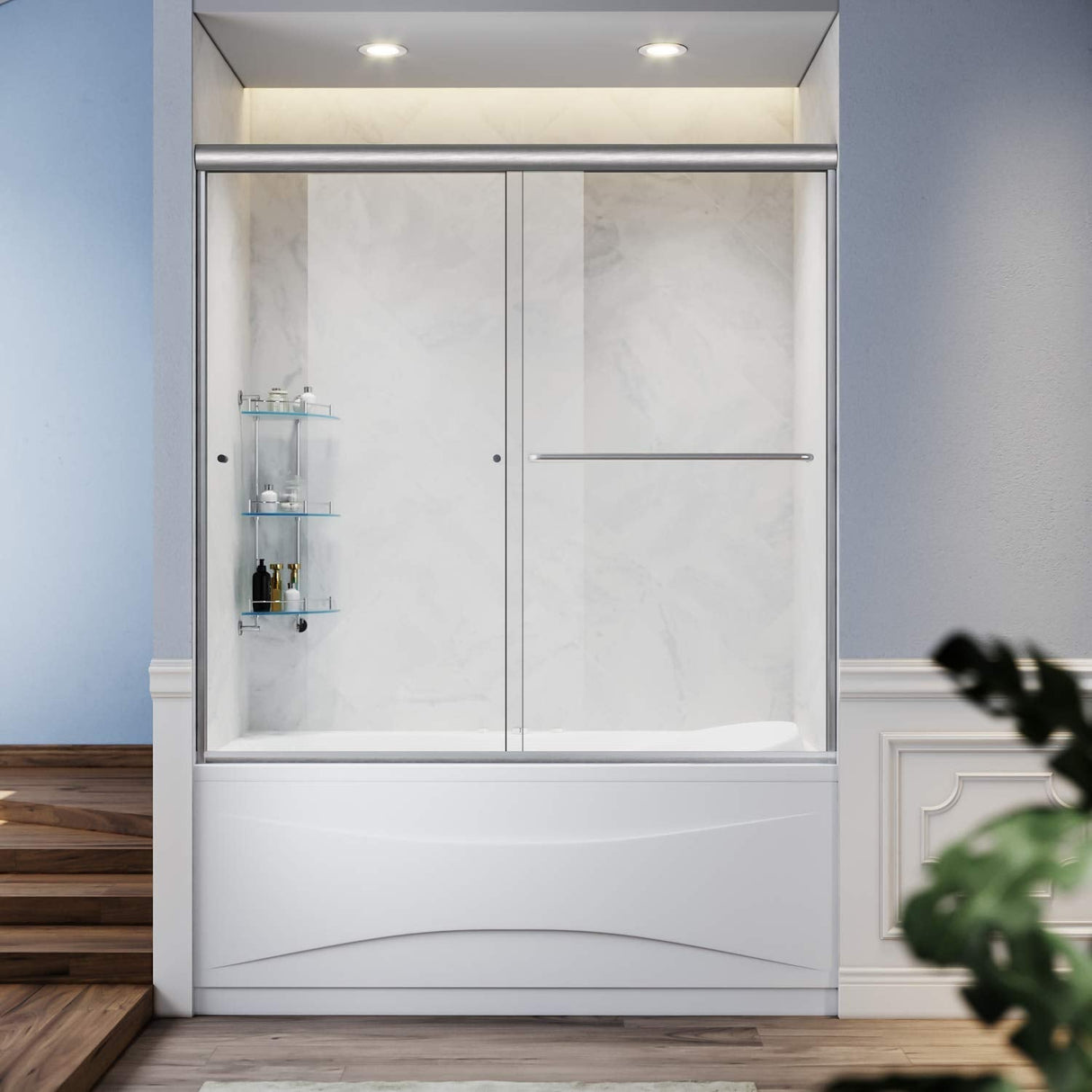 ELEGANT Bathtub Double Sliding Doors 60 in. W x 57.4 in. H Brushed Nickel Finish